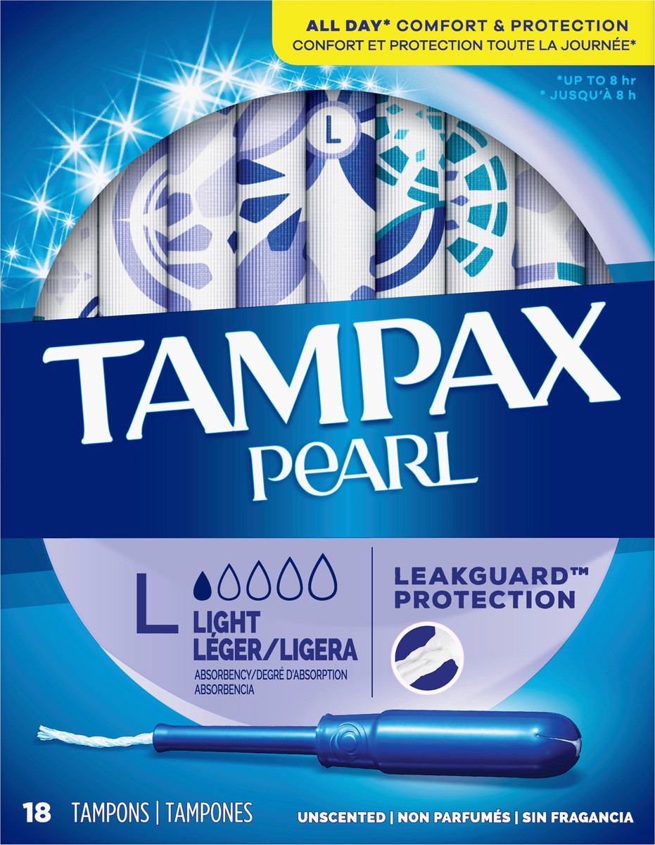 slide 6 of 9, Tampax Pearl Tampons Light Absorbency with BPA-Free Plastic Applicator and LeakGuard Braid, Unscented, 18 Count, 18 ct