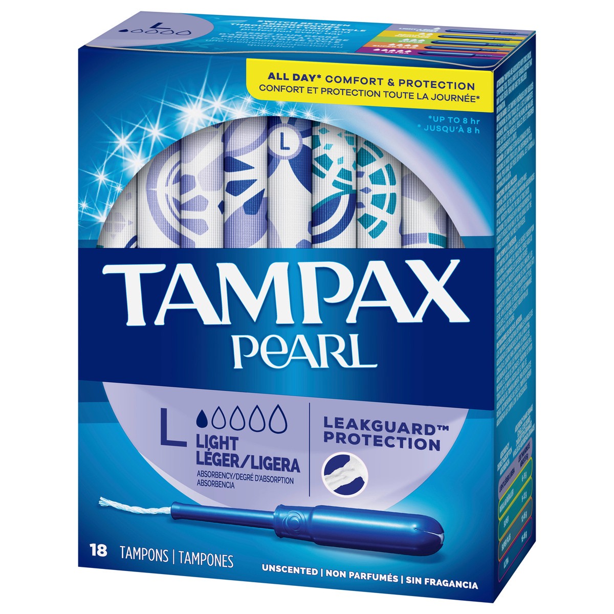 slide 8 of 9, Tampax Pearl Tampons Light Absorbency with BPA-Free Plastic Applicator and LeakGuard Braid, Unscented, 18 Count, 18 ct