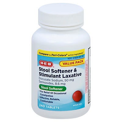 slide 1 of 1, H-E-B Stool Softener & Stimulant Laxative Tablets, 240 ct