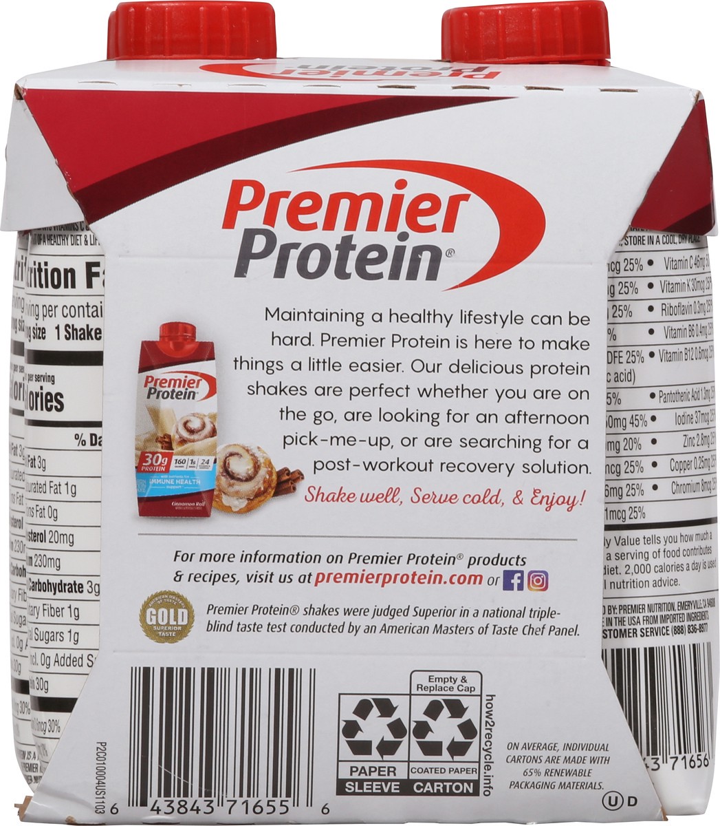 slide 5 of 9, Premier Protein Nutritional Shake - Cinnamon Roll - 11 fl oz/4pk, 4 ct; 11 fl oz