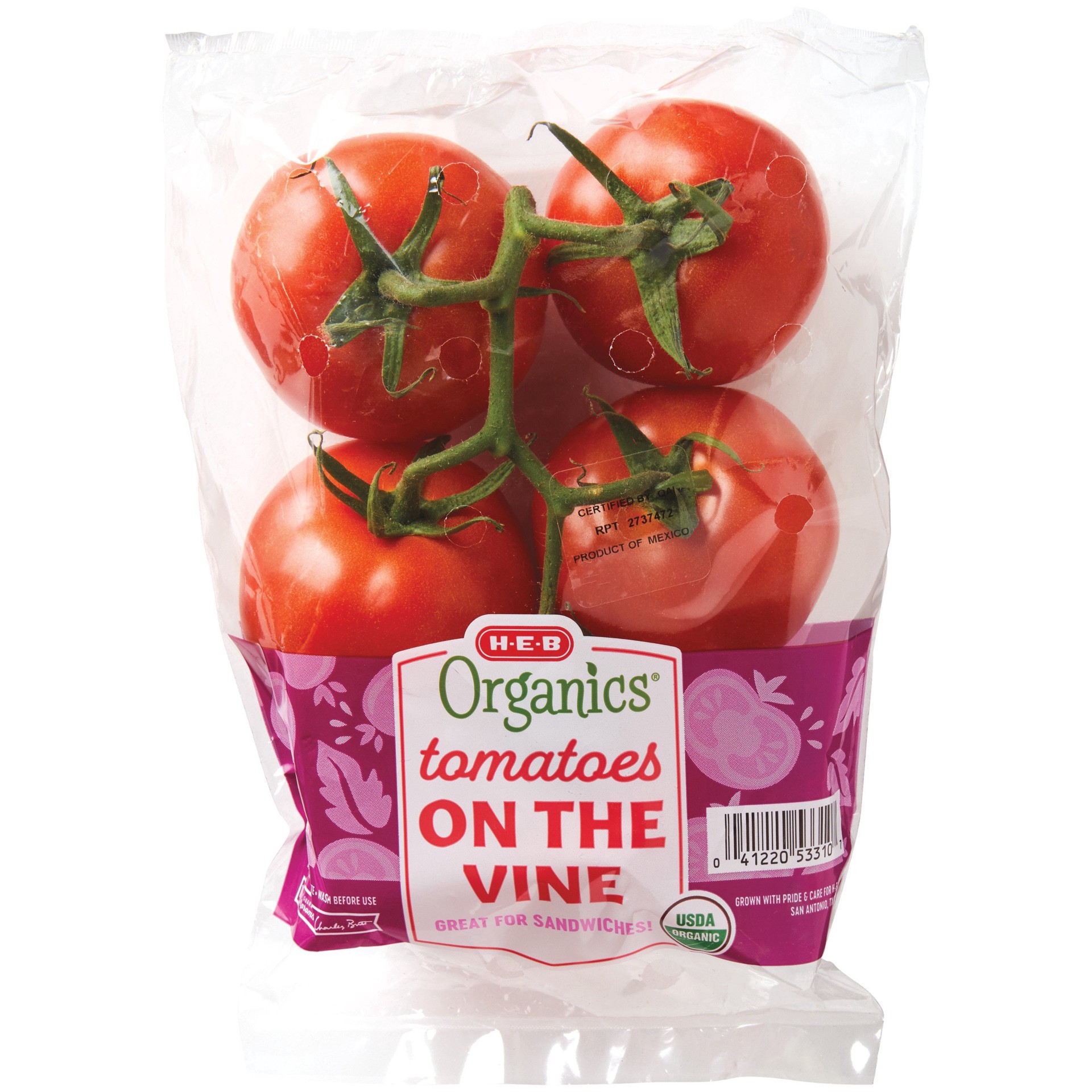 slide 1 of 1, H-E-B Organics Fresh Tomatoes on the Vine, per lb