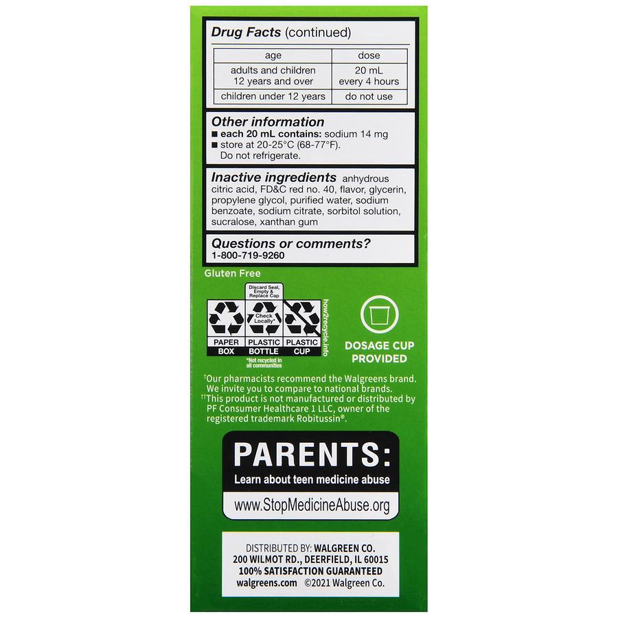 slide 5 of 5, Walgreens Tussin Cough Syrup DM, Cough Suppressant and Expectorant Raspberry, 4 fl oz