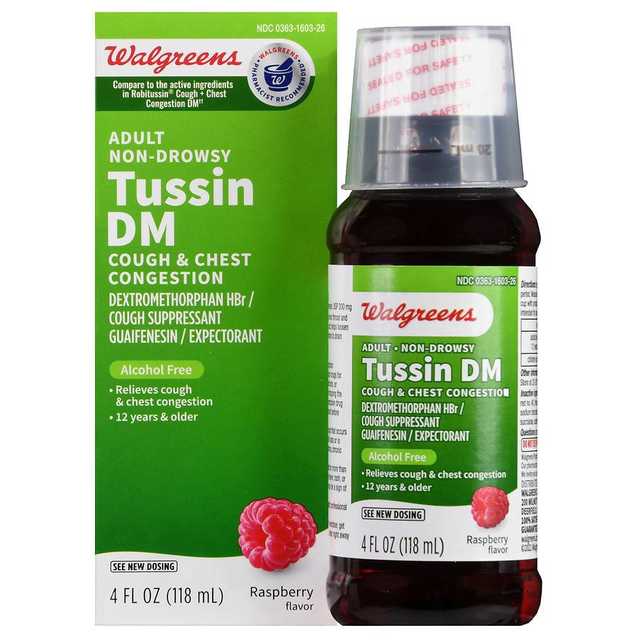 slide 1 of 5, Walgreens Tussin Cough Syrup DM, Cough Suppressant and Expectorant Raspberry, 4 fl oz