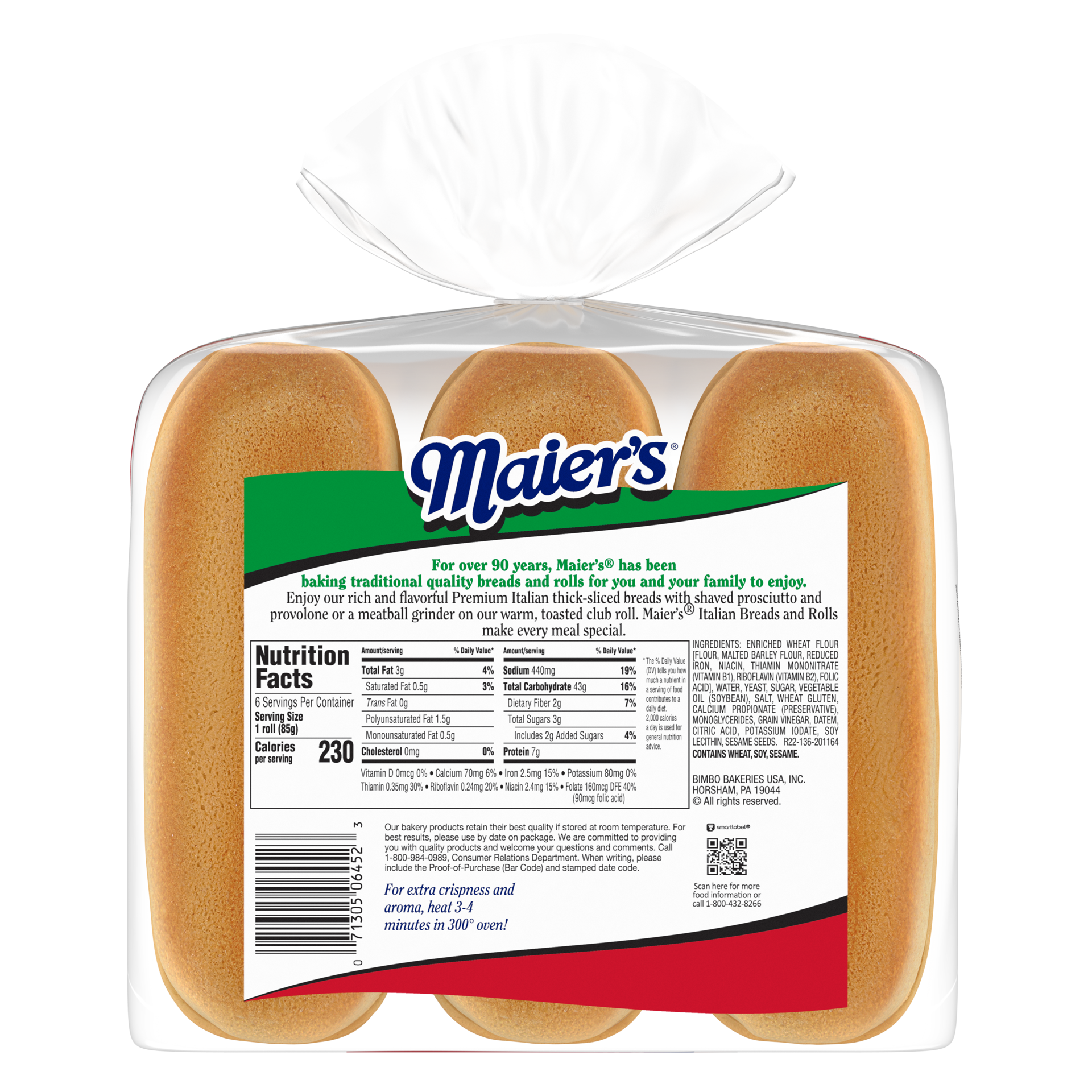 slide 5 of 5, Maier's Premium Italian Plain Hoagie Rolls, 6 count, 18 oz, 6 ct