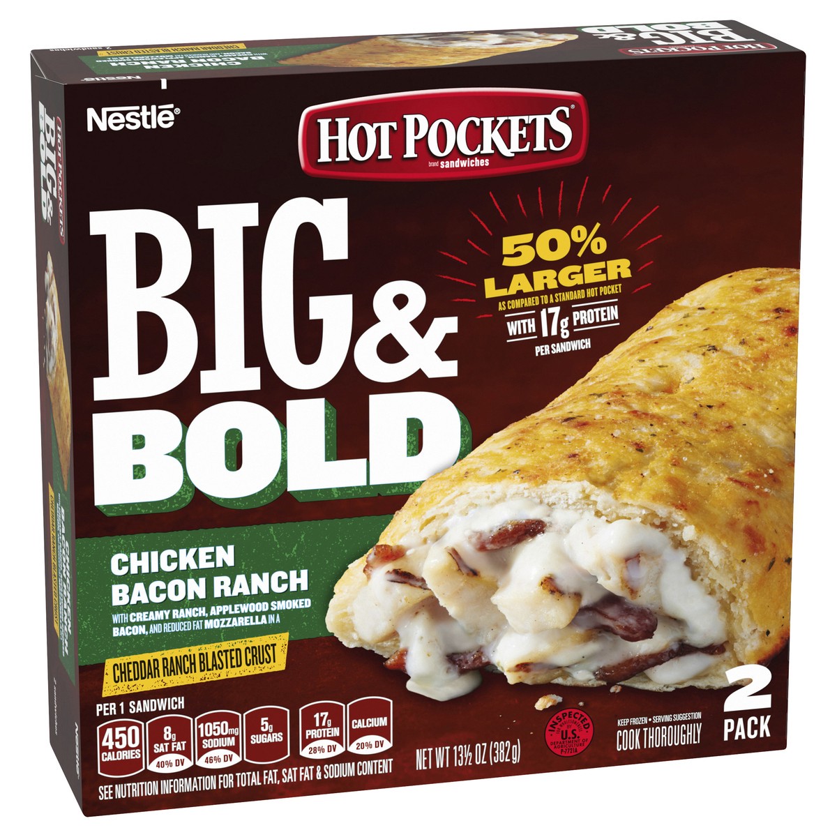 slide 3 of 8, Hot Pockets Big & Bold Chicken Bacon Ranch Frozen Snacks, Frozen Sandwiches, 2 Count Microwave Snacks, 13.5 oz