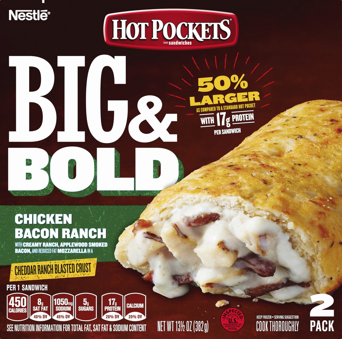 slide 3 of 8, Hot Pockets Big & Bold Chicken Bacon Ranch Frozen Snacks, Frozen Sandwiches, 2 Count Microwave Snacks, 13.5 oz