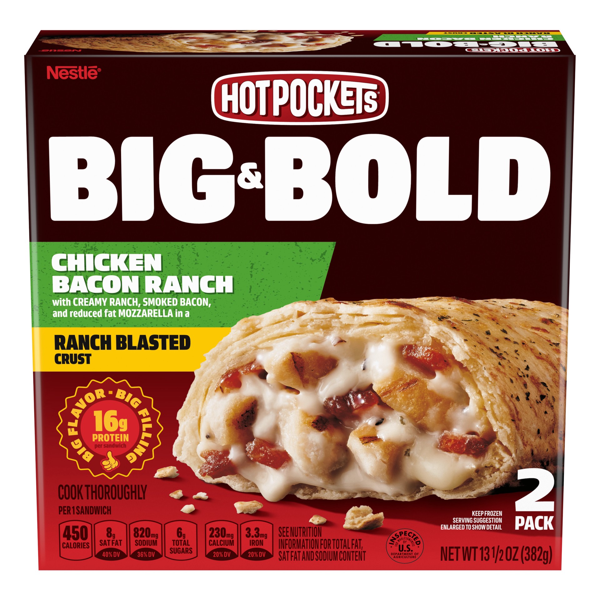 slide 1 of 8, Hot Pockets Big & Bold Chicken Bacon Ranch Frozen Snacks, Frozen Sandwiches, 2 Count Microwave Snacks, 13.5 oz