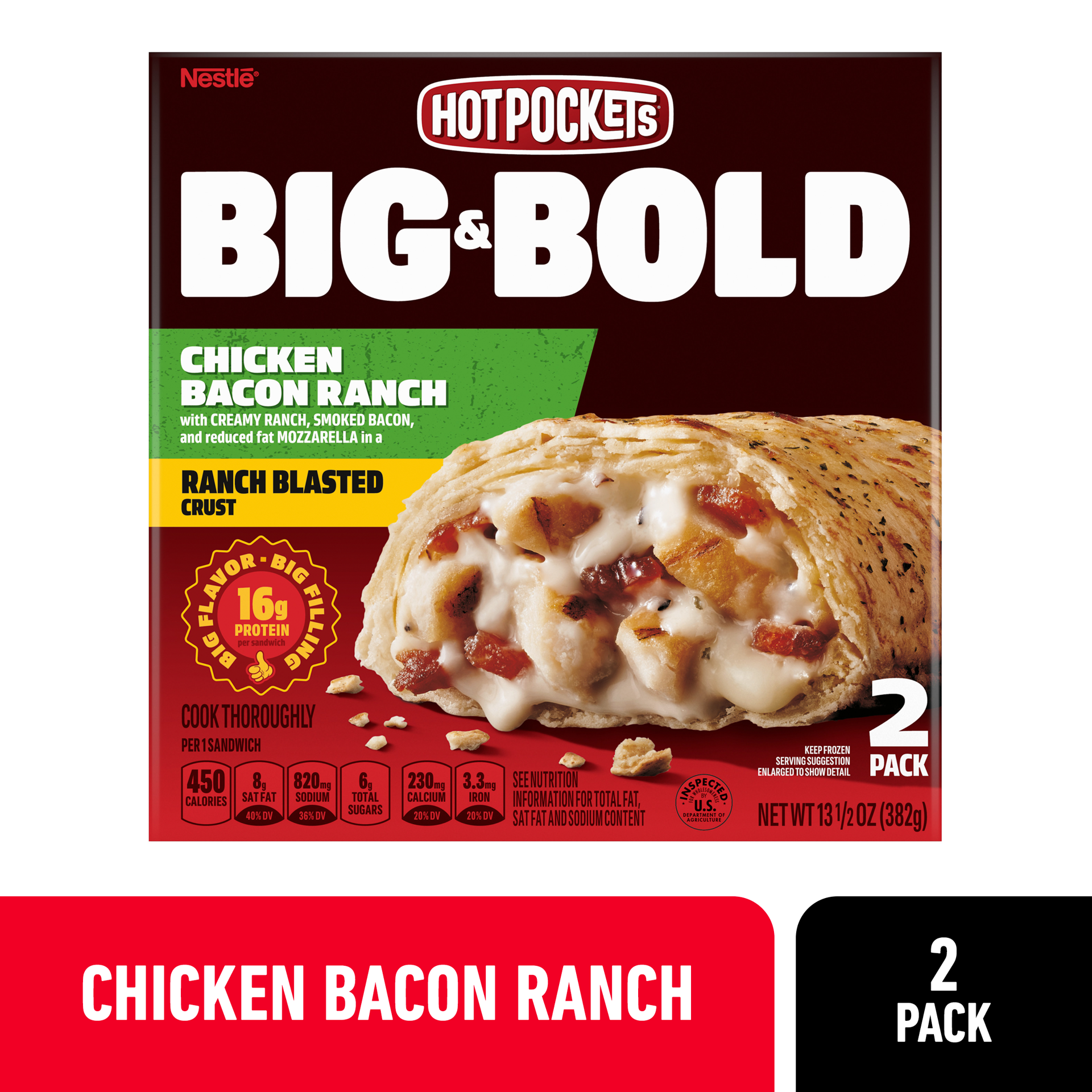 slide 1 of 8, Hot Pockets Big & Bold Chicken Bacon Ranch Frozen Snacks, Frozen Sandwiches, 2 Count Microwave Snacks, 13.5 oz