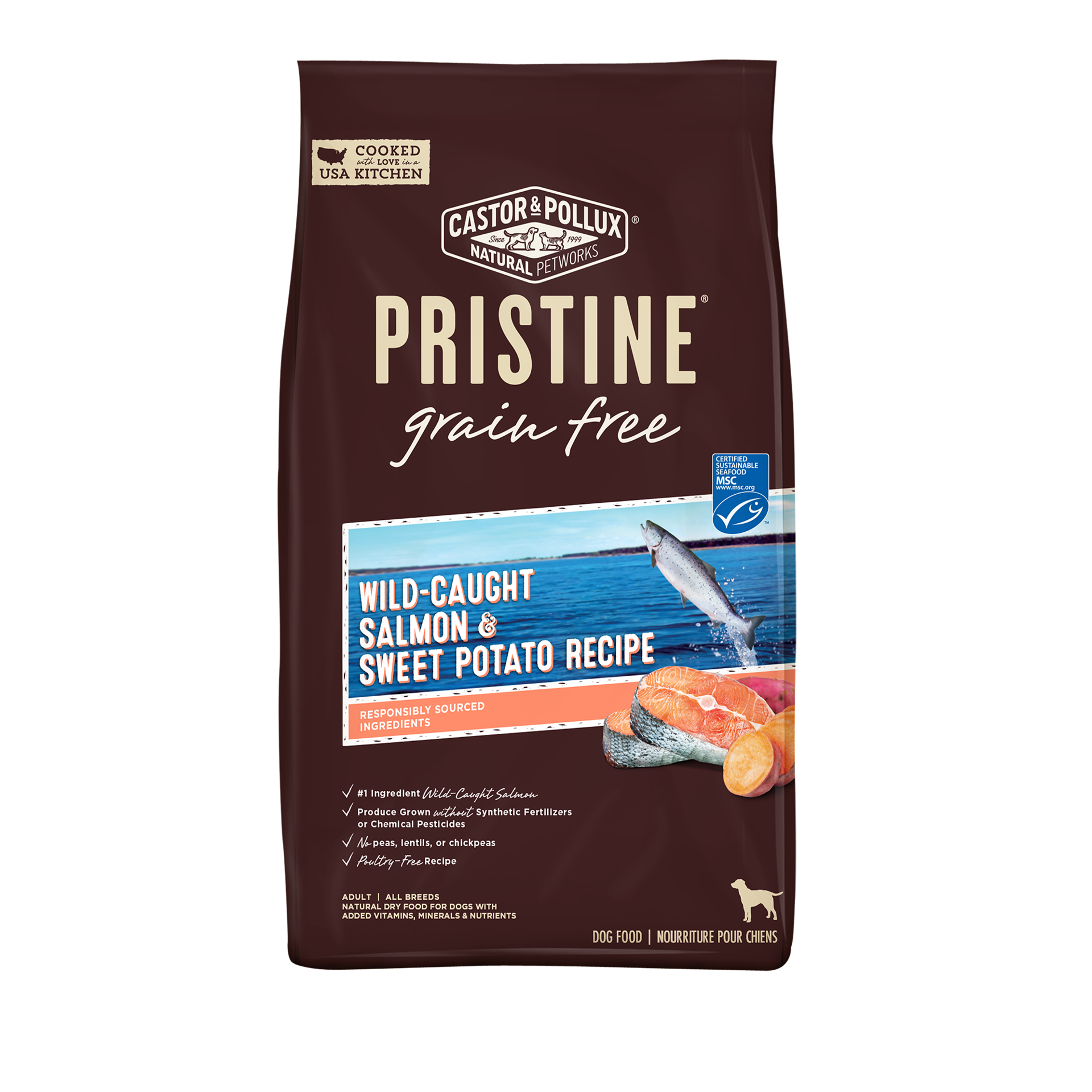 slide 1 of 3, Castor & Pollux PRISTINE Grain Free Dry Dog Food Wild Caught Salmon & Sweet Potato Recipe - 10 lb Bag, 10 lb