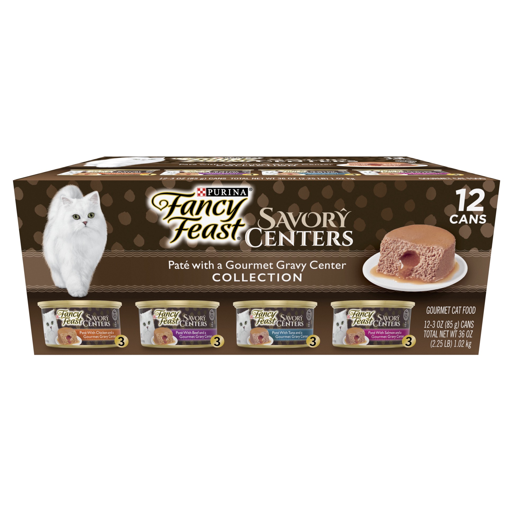 slide 1 of 9, Fancy Feast Purina Fancy Feast Pate Wet Cat Food Variety Pack, Savory Centers Pate With a Gravy Center, 12 ct