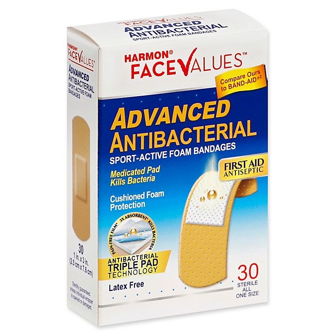 slide 1 of 1, Harmon Face Values 1-Inch Advanced Antibacterial Sport-Active Foam Bandage, 30 ct; 1 in