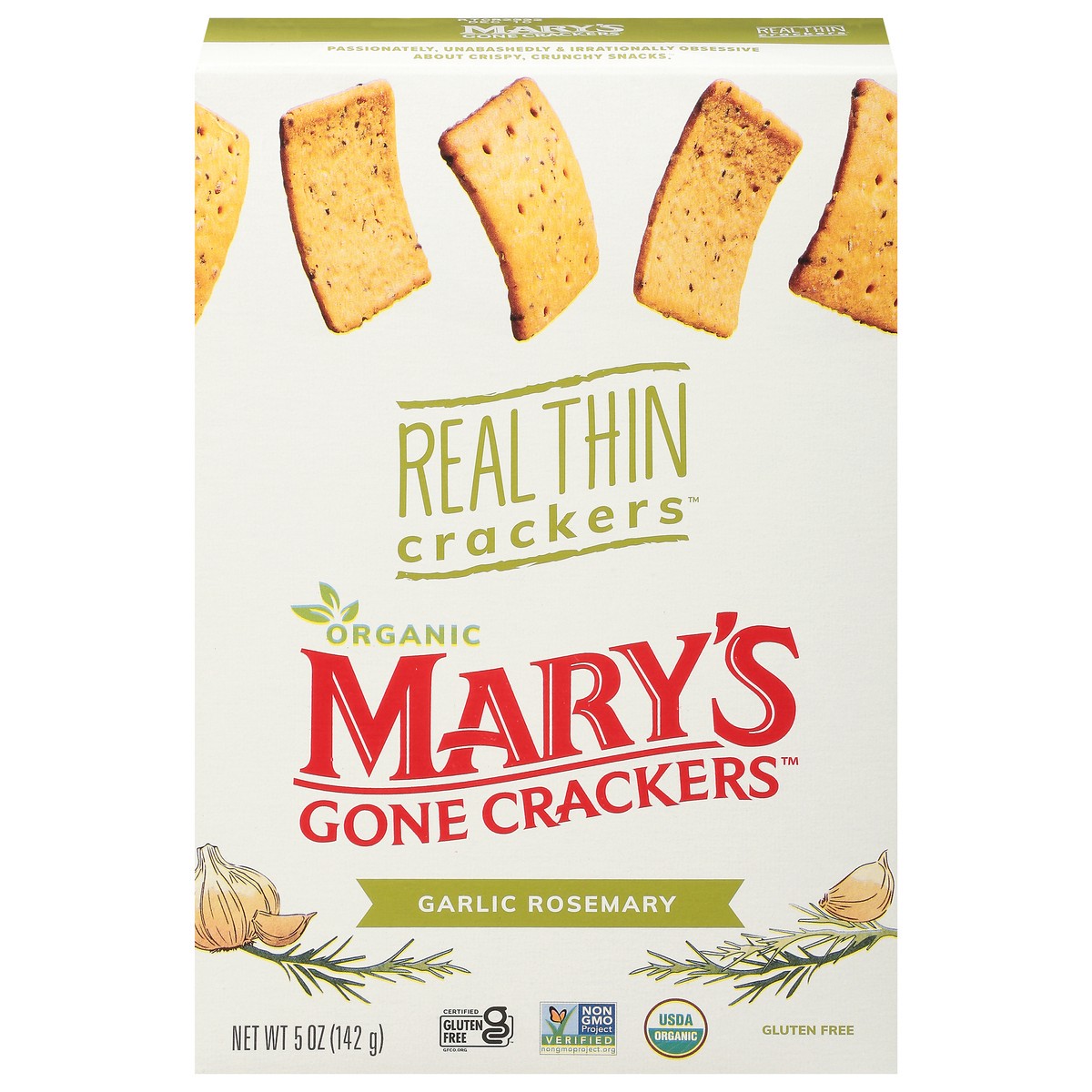 slide 1 of 9, Mary's Gone Crackers Gluten Free Real Thin Garlic Rosemary Crackers, 5 oz