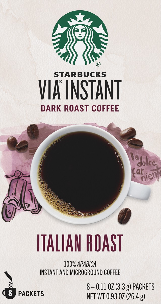 slide 4 of 9, Starbucks VIA Instant Coffee—Dark Roast Coffee—Italian Roast—100% Arabica—1 box (8 packets) - 0.93 oz, 0.93 oz