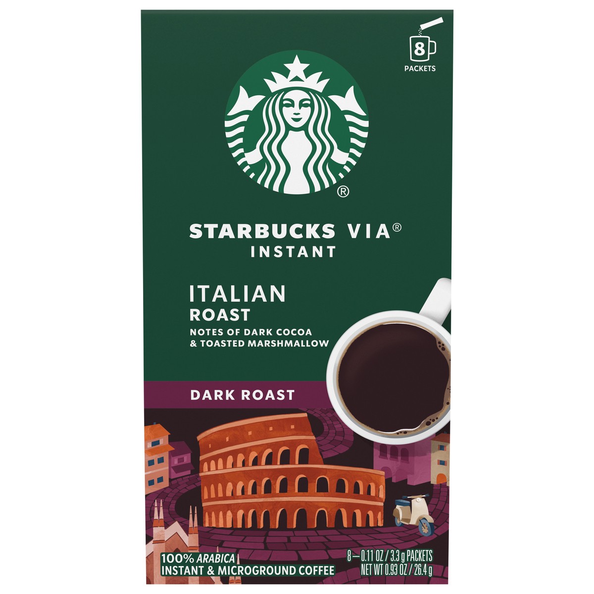 slide 1 of 9, Starbucks Via Dark Roast Instant & Microground Italian Roast Coffee 8 - 0.11 oz Packets, 0.93 oz