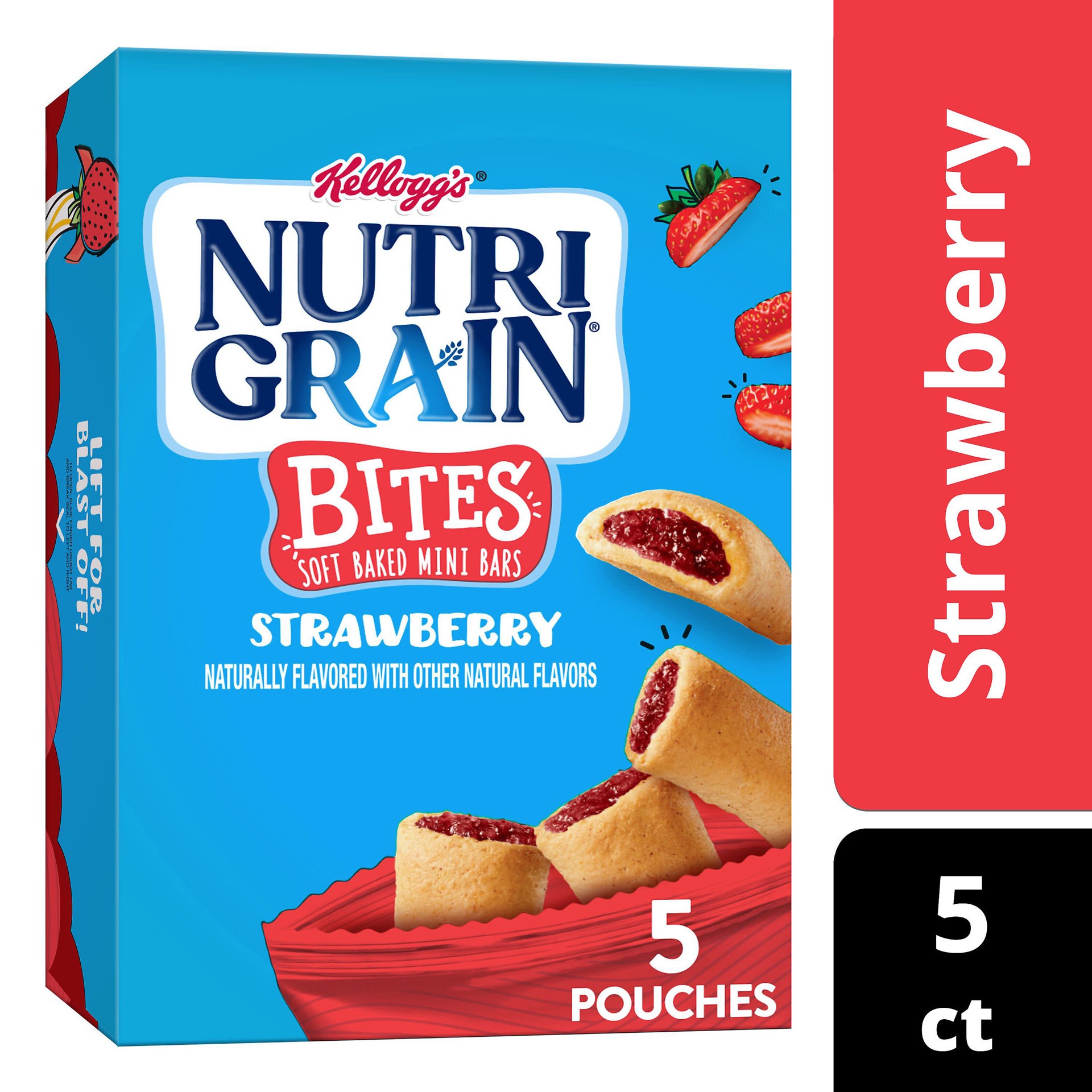 slide 1 of 5, Nutri-Grain Bites Soft Baked Mini Bars, Kids Snacks, Whole Grain, Strawberry, 6.5oz Box, 5 Pouches, 6.5 oz