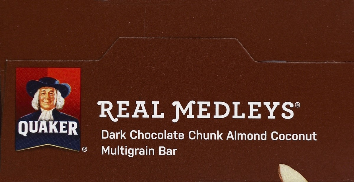 slide 4 of 4, Quaker Real Medleys Dark Chocolate Chunk Almond Coconut Multigrain Bar (5-1.34 Oz) 6.7 Ounce 5 Pack Bag in Box, 6.7 oz