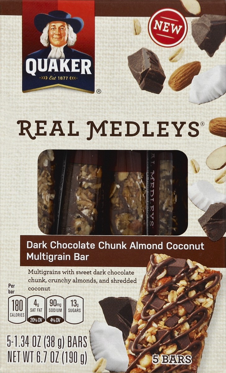 slide 3 of 4, Quaker Real Medleys Dark Chocolate Chunk Almond Coconut Multigrain Bar (5-1.34 Oz) 6.7 Ounce 5 Pack Bag in Box, 6.7 oz