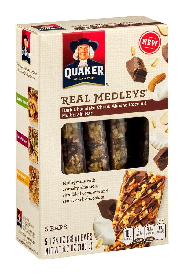slide 1 of 4, Quaker Real Medleys Dark Chocolate Chunk Almond Coconut Multigrain Bar (5-1.34 Oz) 6.7 Ounce 5 Pack Bag in Box, 6.7 oz