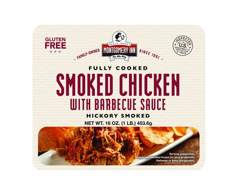 slide 1 of 1, Montgomery Inn Fully Cooked Hickory Smoked Pulled Chicken With Barbecue Sauce, 16 oz