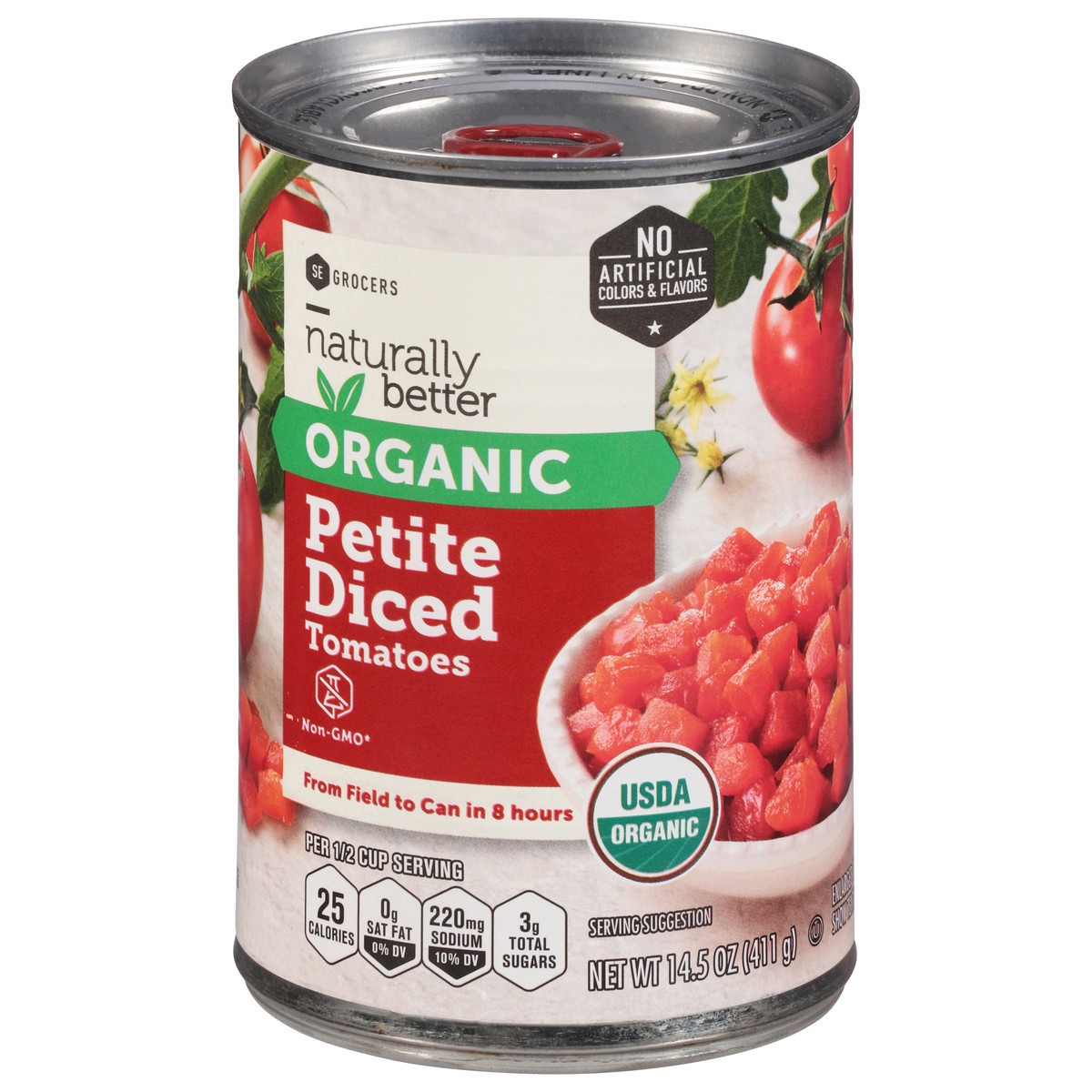 slide 10 of 11, SE Grocers Organic Petite Diced Tom, 15 oz