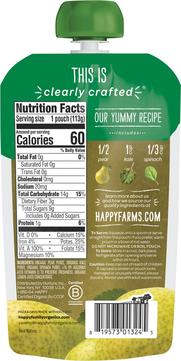 slide 2 of 3, Happy Baby Organics Clearly Crafted Stage 2 Pears, Kale & Spinach Pouch 4oz UNIT, 4 oz