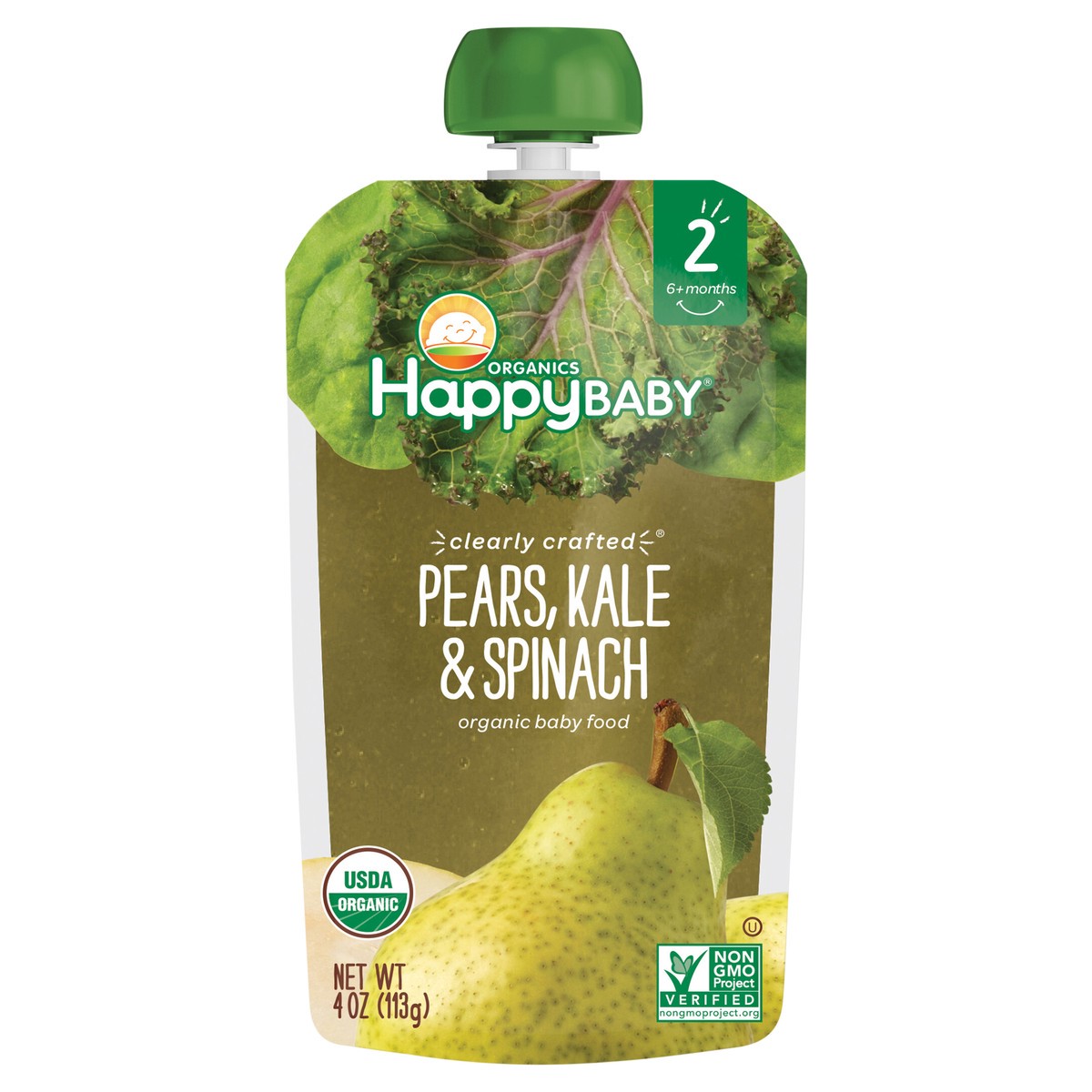 slide 1 of 3, Happy Baby Organics Clearly Crafted Stage 2 Pears, Kale & Spinach Pouch 4oz UNIT, 4 oz
