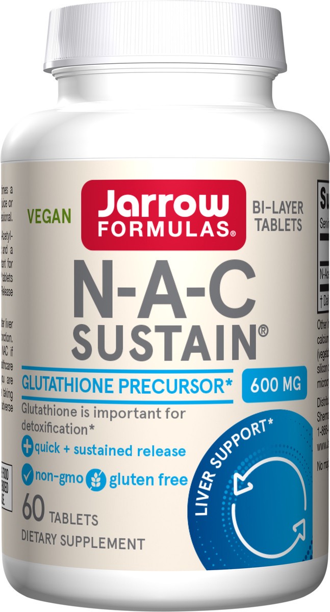 slide 2 of 4, Jarrow Formulas N-A-C Sustain 600 mg - Antioxidant Amino Acid Supplement - 60 Sustain Tablets - Supports Liver & Lung Function - Precursor to Glutathione - 60 Servings, 1 ct