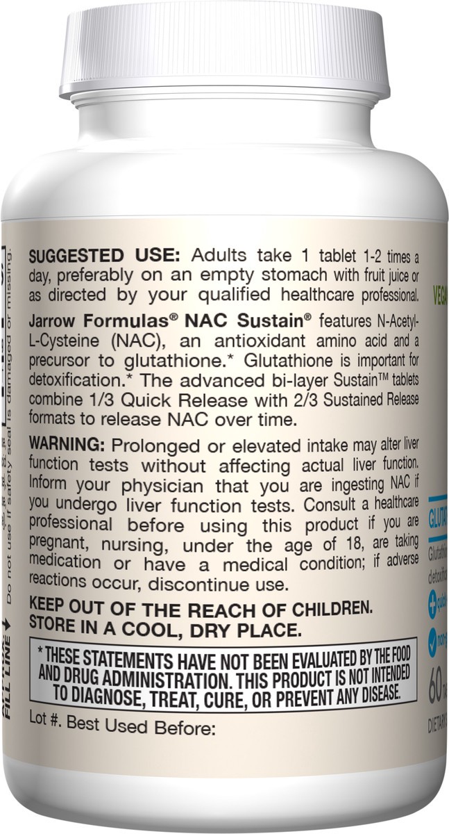 slide 4 of 4, Jarrow Formulas N-A-C Sustain 600 mg - Antioxidant Amino Acid Supplement - 60 Sustain Tablets - Supports Liver & Lung Function - Precursor to Glutathione - 60 Servings, 1 ct