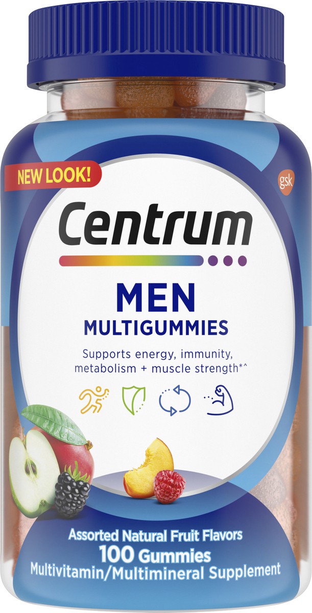 slide 5 of 7, Centrum MultiGummies Gummy Multivitamin for Men, Multivitamin/Multimineral Supplement with Selenium, Antioxidants and Vitamin D3, Assorted Fruit Flavor - 100 Count, 100 ct