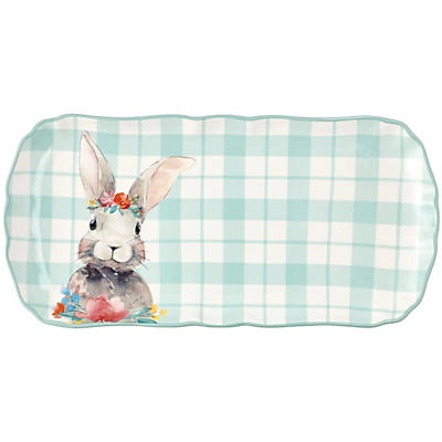 slide 1 of 1, Destination Holiday Mint Gingham Ceramic Bunny Easter Tray, 14 in