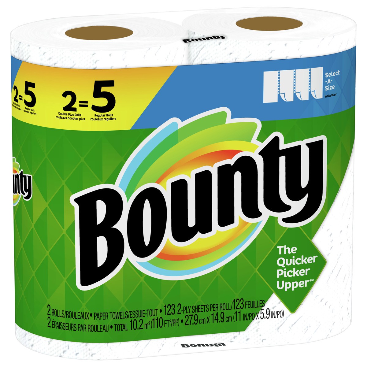 slide 5 of 7, Bounty Select-A-Size Paper Towels, White, 2 Double Plus Rolls = 5 Regular Rolls, 2 Count, 2 ct