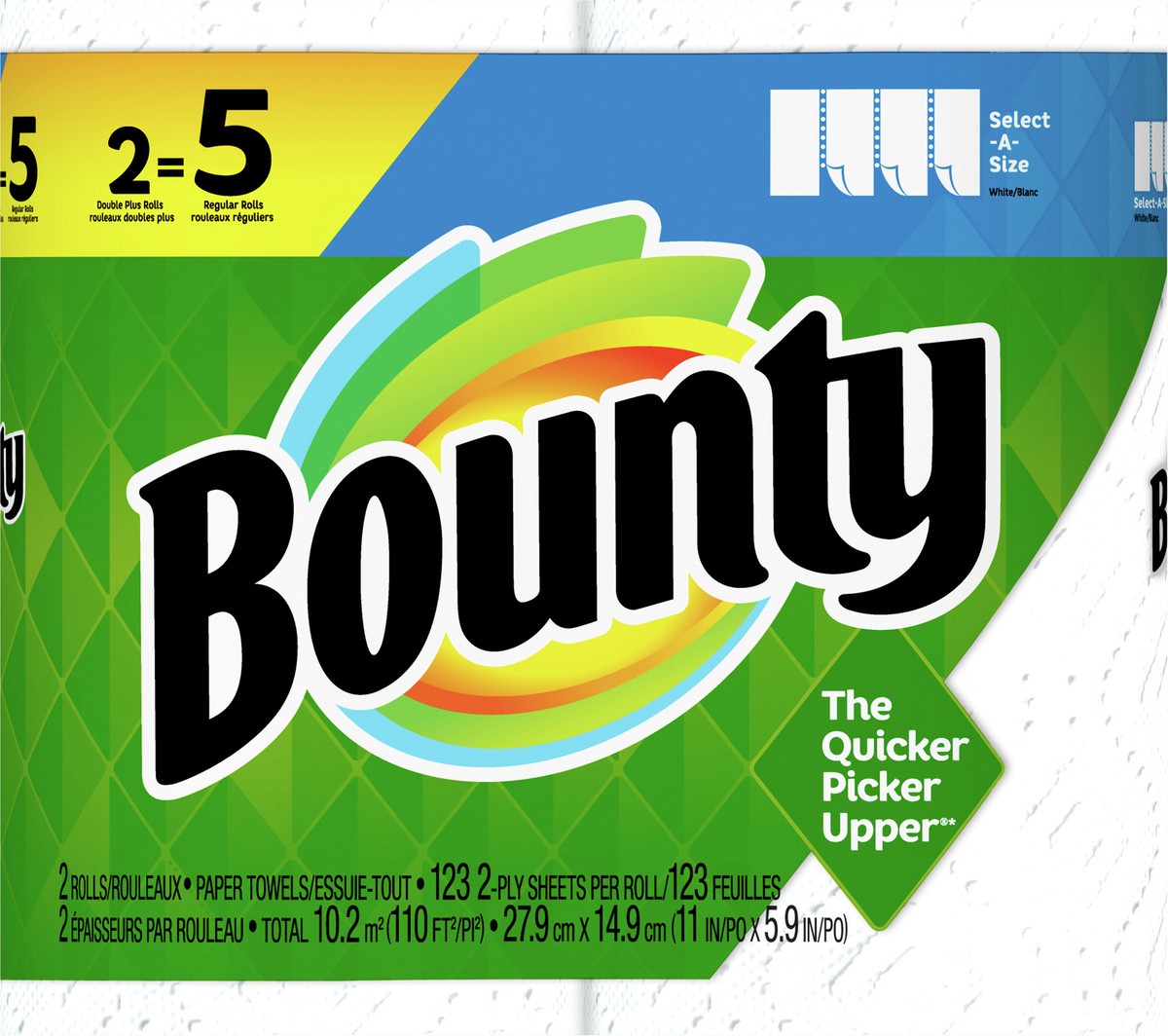 slide 7 of 7, Bounty Select-A-Size Paper Towels, White, 2 Double Plus Rolls = 5 Regular Rolls, 2 Count, 2 ct