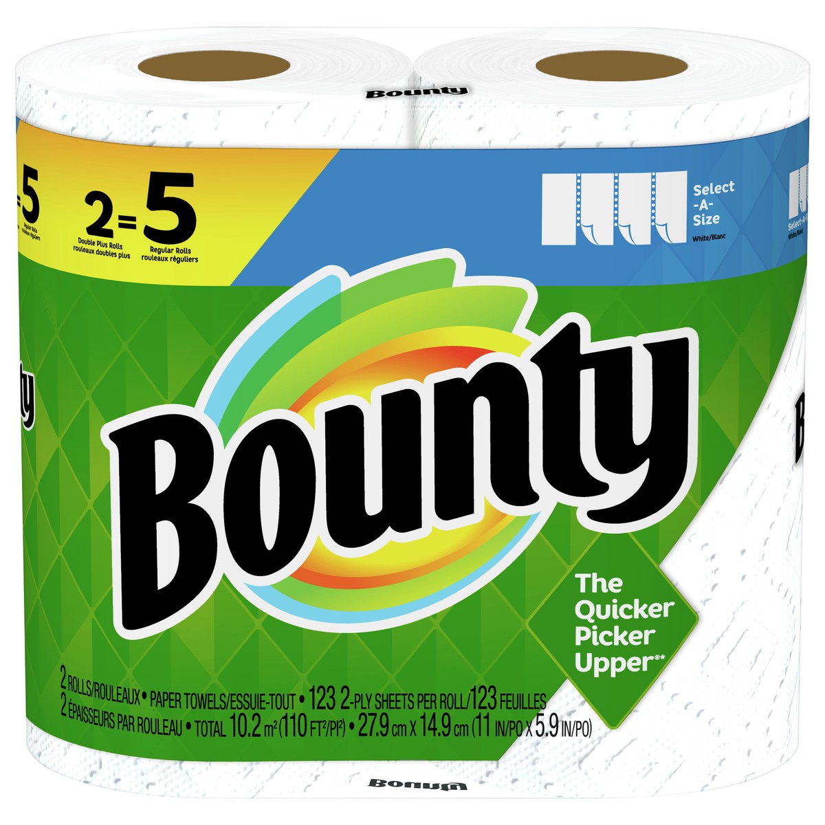 slide 1 of 7, Bounty Select-A-Size Paper Towels, White, 2 Double Plus Rolls = 5 Regular Rolls, 2 Count, 2 ct