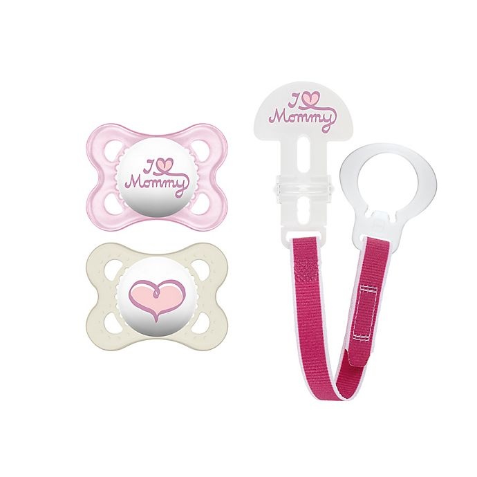 slide 1 of 7, MAM Love & Affection Age 0-6 Months I Love Mommy Pacifiers and Clip Set - Pink, 1 ct