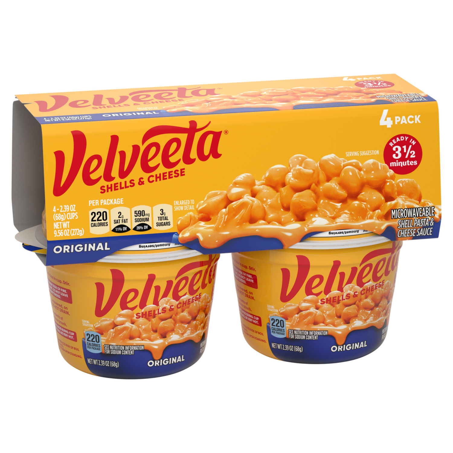 slide 2 of 8, Velveeta Shells & Cheese Original Microwavable Shell Pasta & Cheese Sauce, 4 ct Pack, 2.39 oz Cups, 4 ct