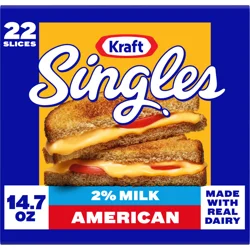 Kraft Singles Cheese Slices, 2% Milk Reduced Fat American Cheese, 22 ct - 14.7 oz Wrapper