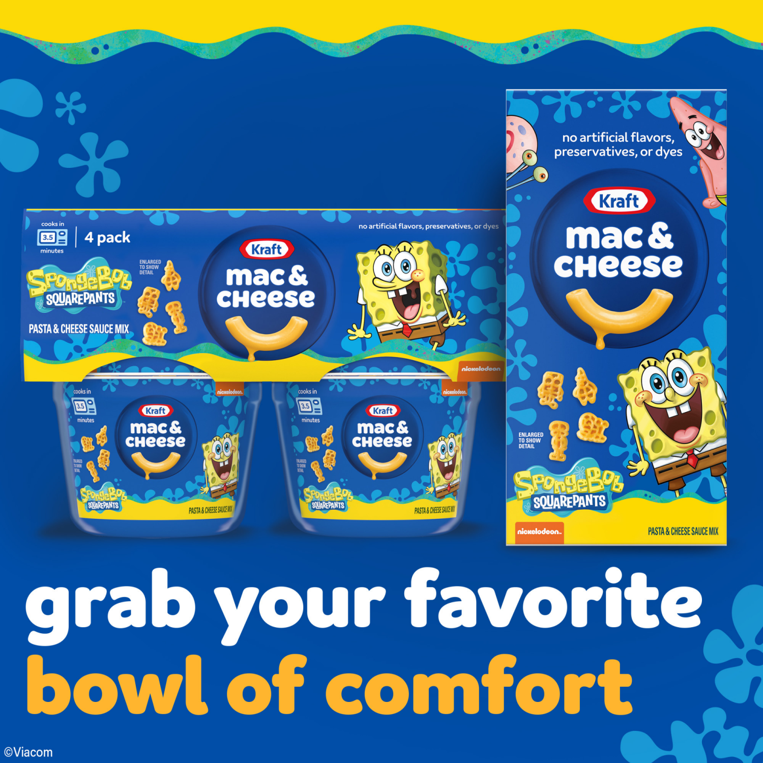 slide 8 of 8, Kraft SpongeBob SquarePants Mac and Cheese, 4 Cups, for Easy Dinner or Dinner Sides, Original Flavor, No Artificial Flavors, Preservatives or Dyes, 1.9 oz, 4 ct