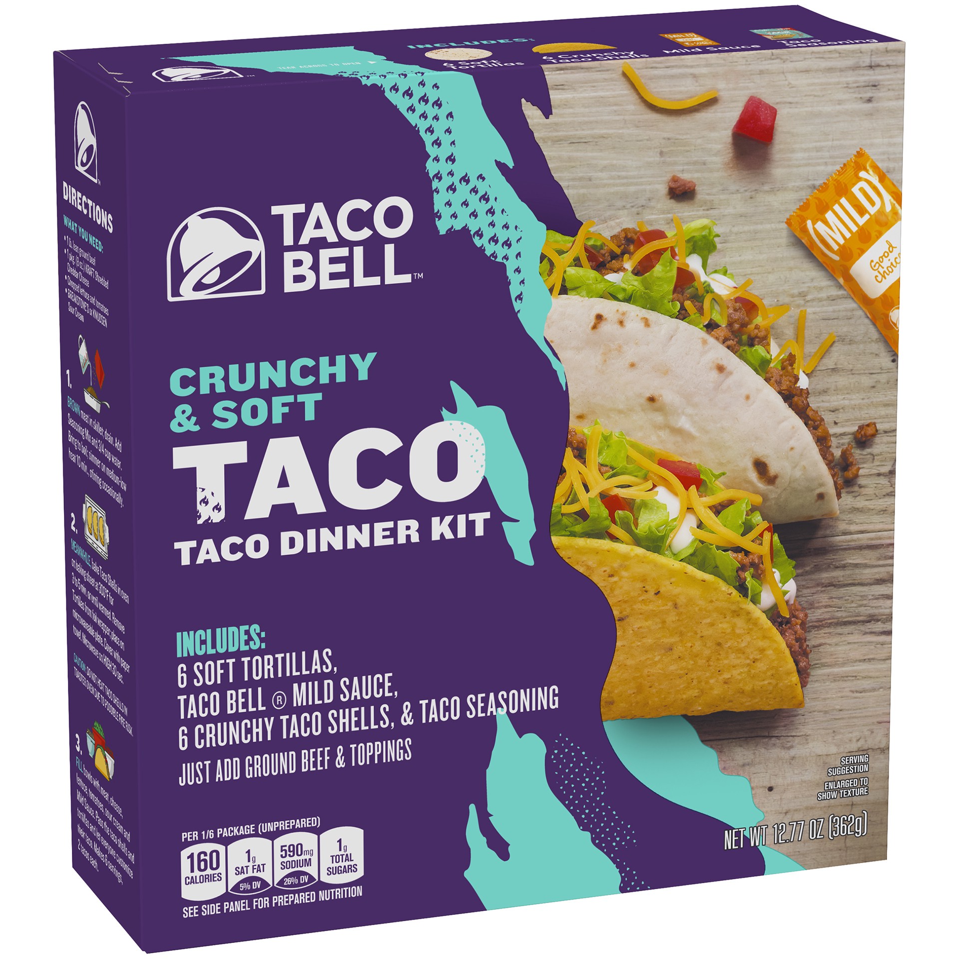 slide 6 of 11, Taco Bell Crunchy & Soft Taco Dinner Kit with 6 Soft Tortillas, 6 Crunchy Taco Shells, Taco Bell Mild Sauce & Seasoning, 12.77 oz