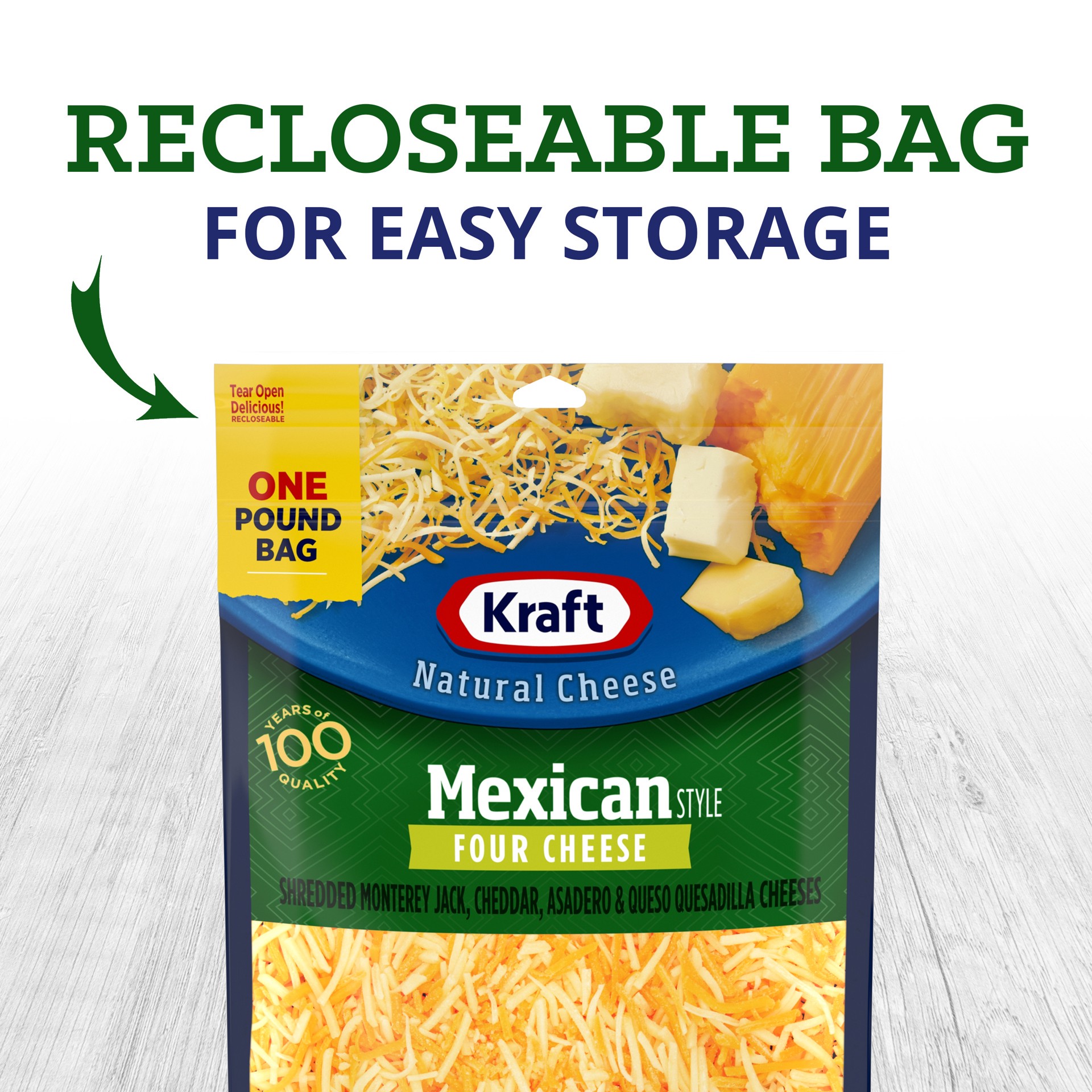 slide 8 of 8, Kraft Mexican Style Four Cheese Blend Shredded Cheese, 16 oz