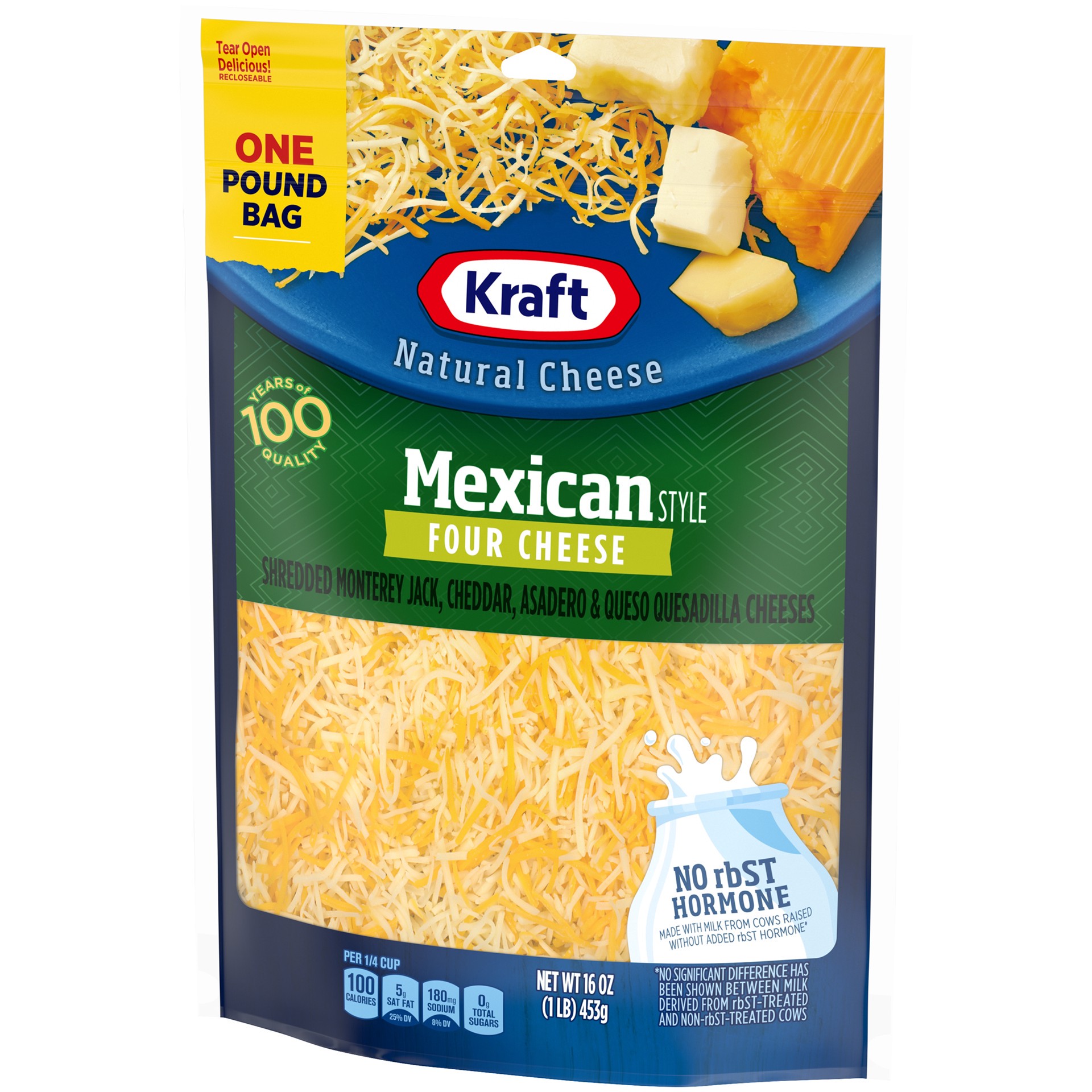 slide 3 of 8, Kraft Mexican Style Four Cheese Blend Shredded Cheese, 16 oz