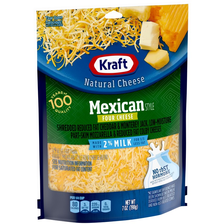 slide 4 of 6, Kraft Mexican Style Four Cheese Blend Shredded Cheese with 2% Milk, 7 oz