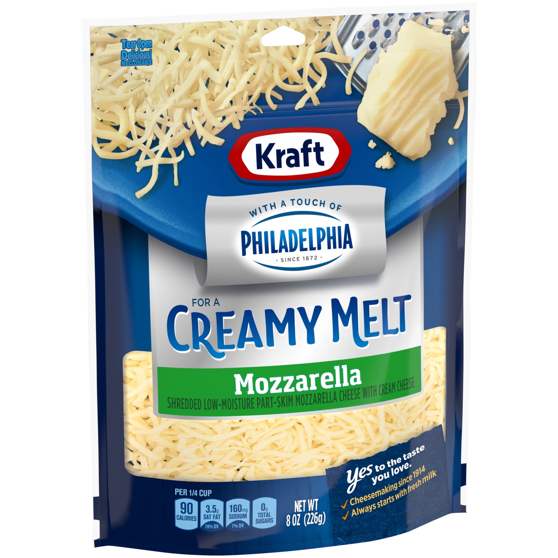 slide 5 of 10, Kraft Mozzarella Shredded Cheese with a Touch of Philadelphia for a Creamy Melt, 8 oz Bag, 8 oz
