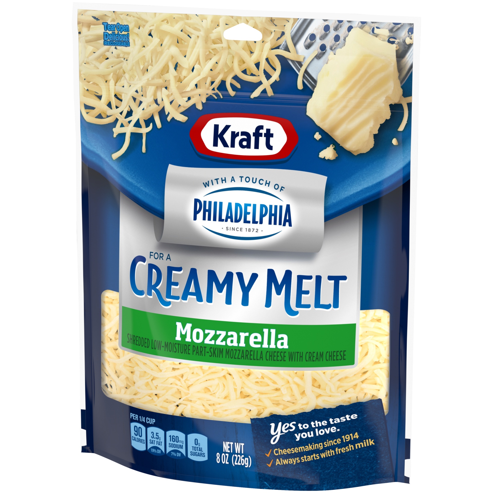 slide 10 of 10, Kraft Mozzarella Shredded Cheese with a Touch of Philadelphia for a Creamy Melt, 8 oz Bag, 8 oz