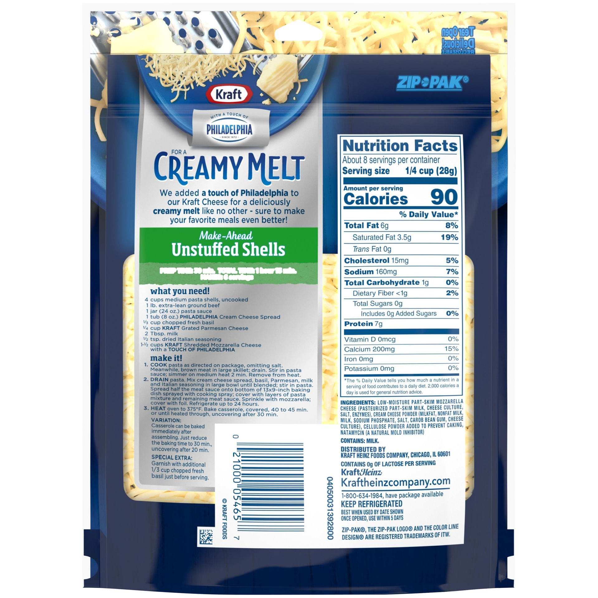 slide 7 of 10, Kraft Mozzarella Shredded Cheese with a Touch of Philadelphia for a Creamy Melt, 8 oz Bag, 8 oz