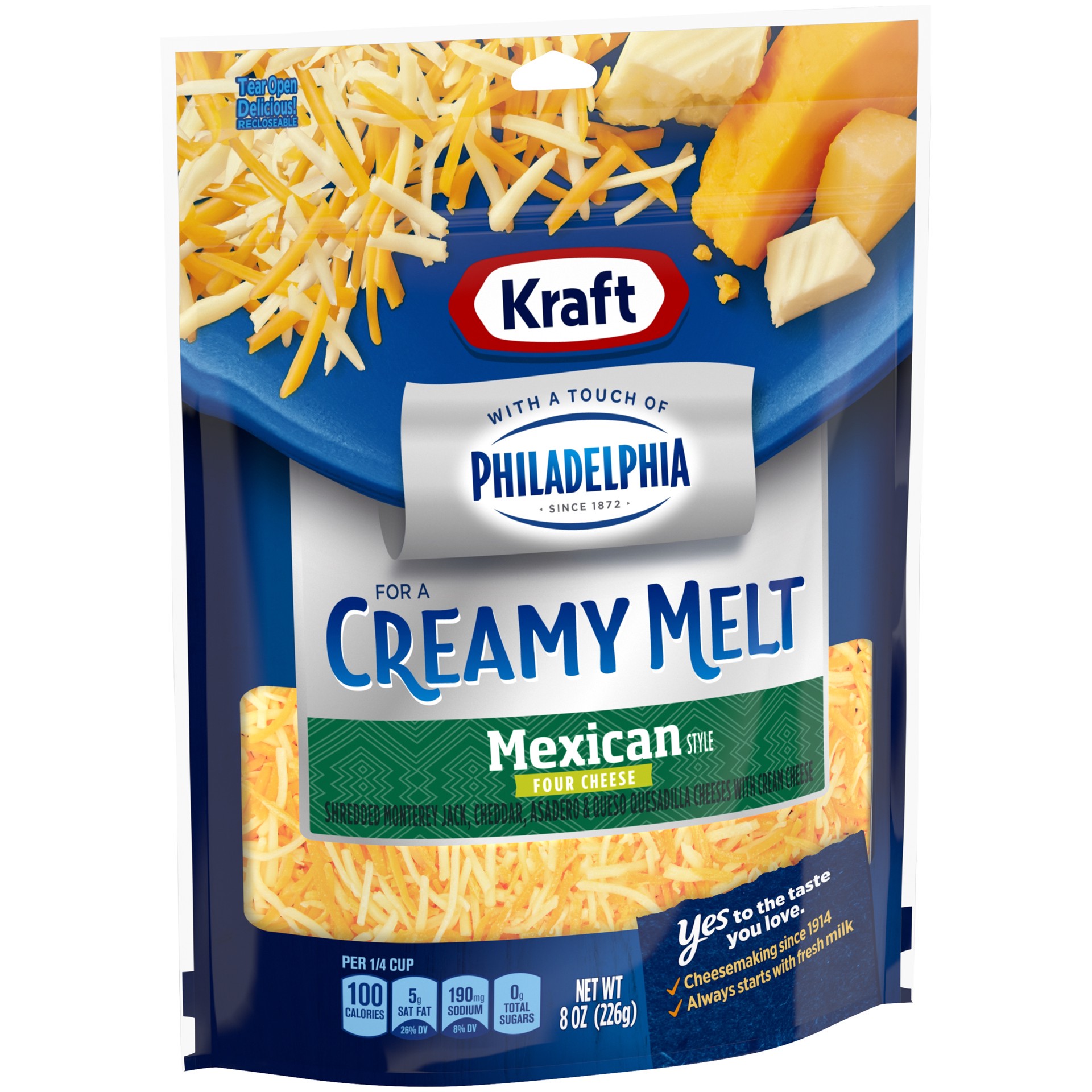 slide 3 of 6, Kraft Mexican Style Four Cheese Blend Shredded Cheese with a Touch of Philadelphia for a Creamy Melt, 8 oz
