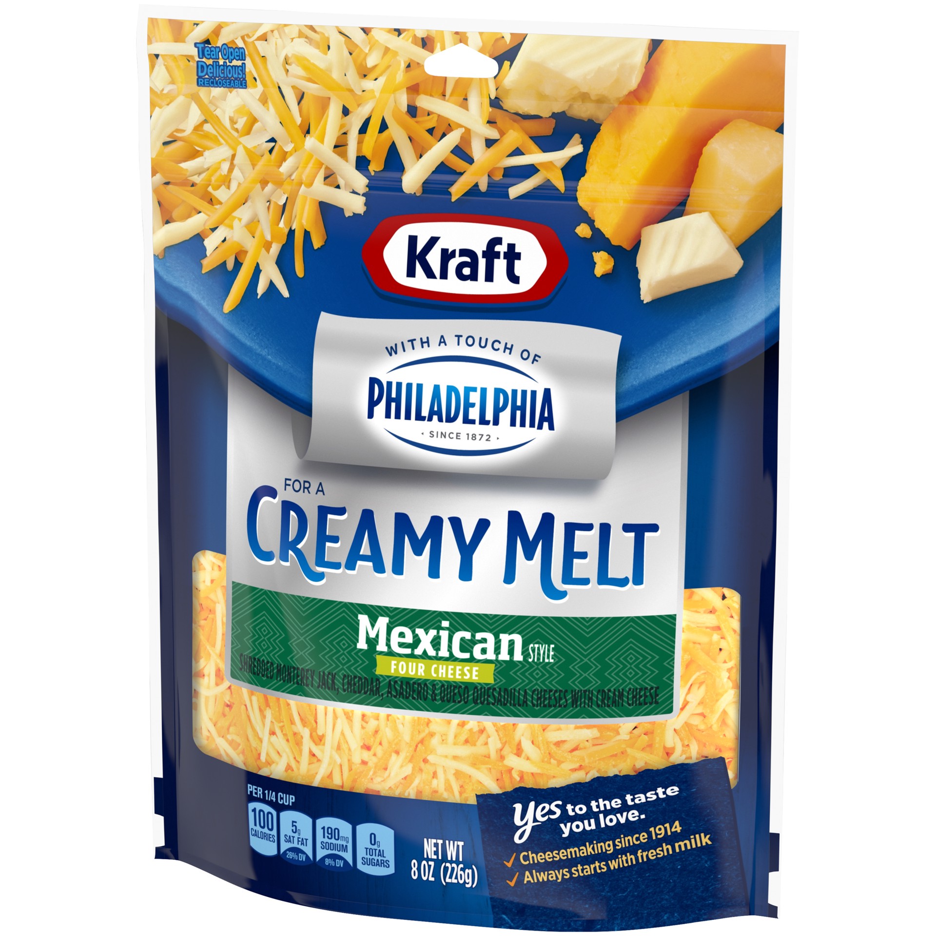 slide 6 of 6, Kraft Mexican Style Four Cheese Blend Shredded Cheese with a Touch of Philadelphia for a Creamy Melt, 8 oz