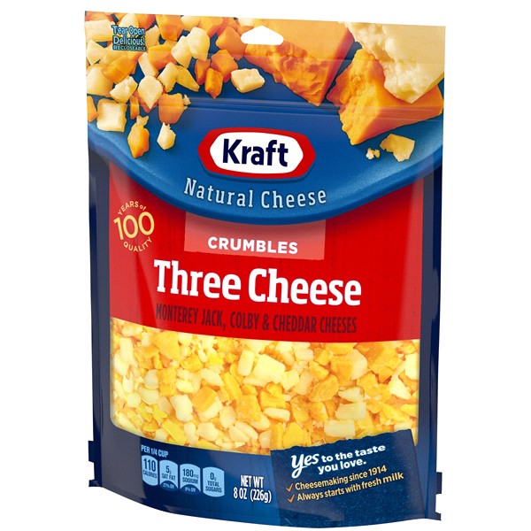 slide 11 of 13, Kraft Three Cheese Blend Cheese Crumbles, 8 oz Bag, 8 oz