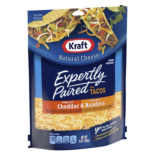 slide 7 of 13, Kraft Deliciously Paired Cheddar & Asadero Shredded Cheese with Taco Seasoning for Tacos, 8 oz Bag, 8 oz