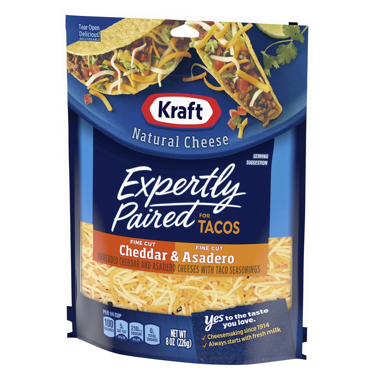 slide 10 of 13, Kraft Deliciously Paired Cheddar & Asadero Shredded Cheese with Taco Seasoning for Tacos, 8 oz Bag, 8 oz