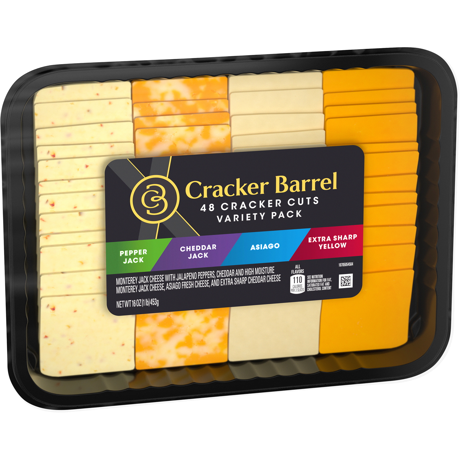 slide 4 of 4, Cracker Barrel Cracker Cuts Pepper Jack, Cheddar Jack, Asiago & Extra Sharp Cheddar Cheese Slice Variety Pack, 48 ct Tray, 48 ct